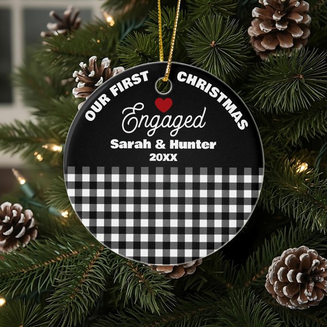 Black & White Plaid Our 1st Christmas Engaged Ceramic Ornament (Creator Uploaded)
