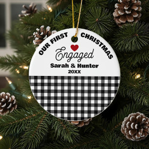 Black & White Plaid Our First Christmas Engaged Ceramic Ornament