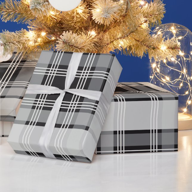 Black White Plaid Pattern Stripes Gift  Wrapping Paper (Holidays)