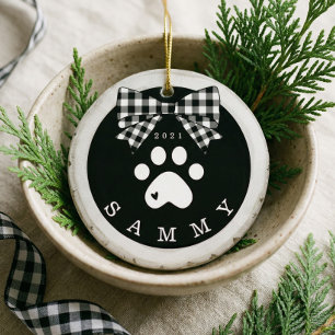 Black White Plaid Paw Print Pet Photo Wood Slice Ceramic Ornament
