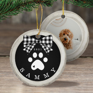 Black White Plaid Paw Print Pet Photo Wood Slice Ceramic Ornament