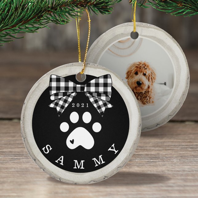 Black White Plaid Paw Print Pet Photo Wood Slice Ceramic Ornament (Black White Plaid Paw Print Pet Photo Wood Slice Ceramic Ornament)