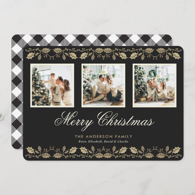 Black White Plaid Photo Merry Christmas Card (Front/Back)