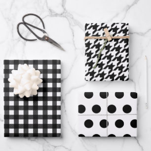 Black White Plaid Polka Dot Houndstooth Wrapping Paper Sheet