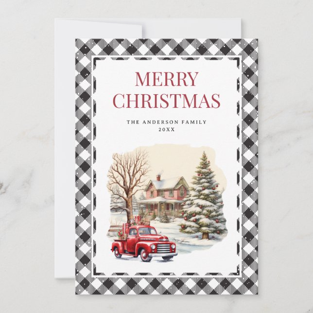 Black White Plaid Red Truck Merry Christmas Card (Front)