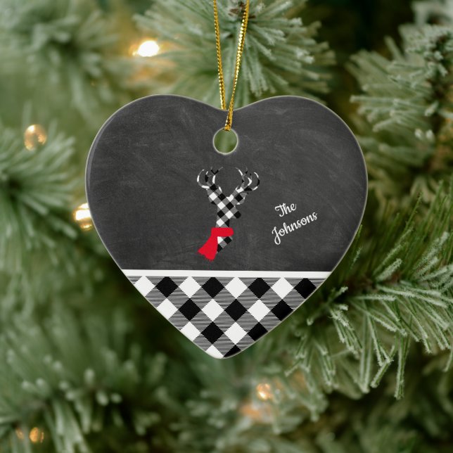 Black White Plaid Reindeer Chalkboard Personalised Ceramic Ornament (Tree)