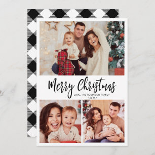 Black White Plaid Script 3 Multi Photo Christmas  Holiday Card