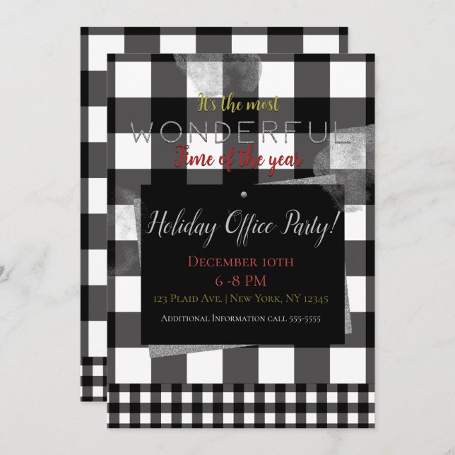 Black & White Plaid Simple Minimal Holiday Party Invitation (Front/Back)