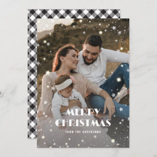 Black White Plaid Snow Photo Merry Christmas Holiday Card