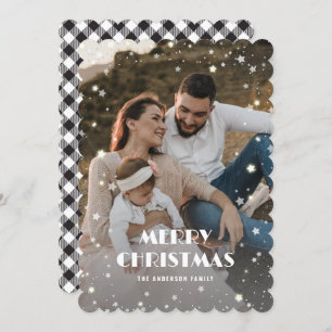 Black White Plaid Snow Stars Photo Merry Christmas Holiday Card