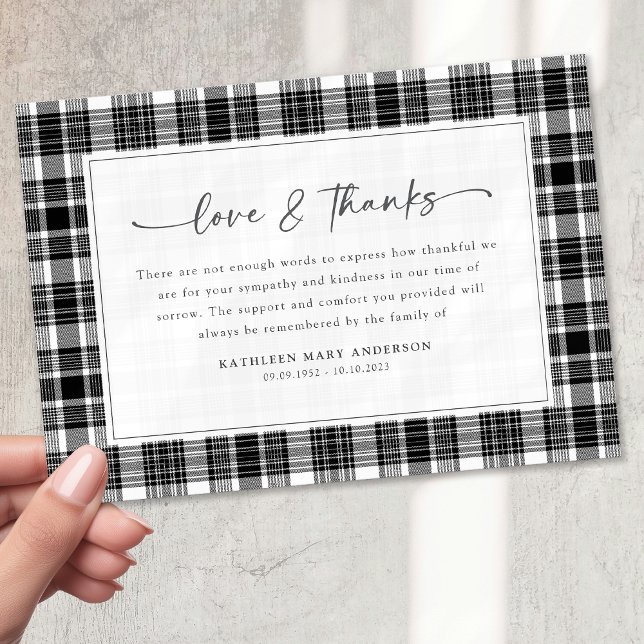 Black White Plaid Sympathy Funeral Thank You Card (Creator Uploaded)