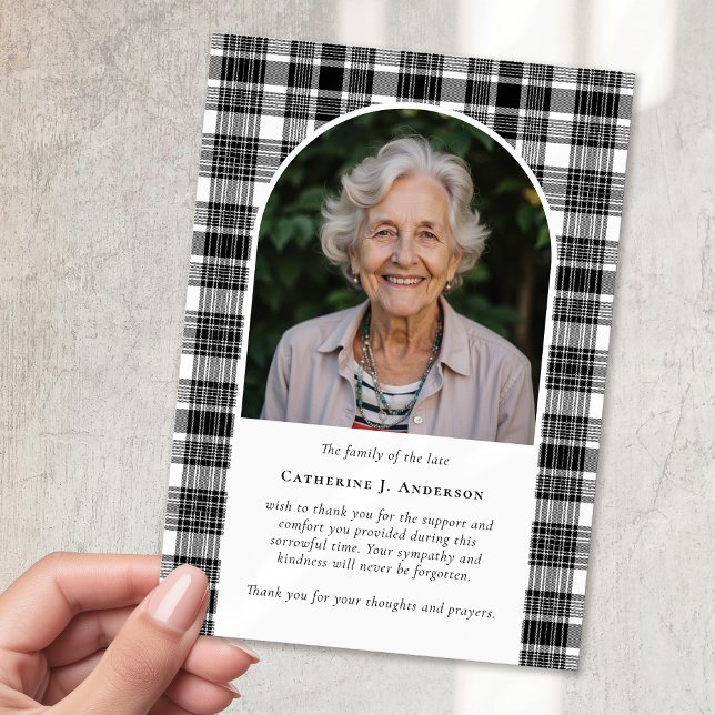 Black White Plaid Sympathy Photo Funeral Thank You Card (Creator Uploaded)