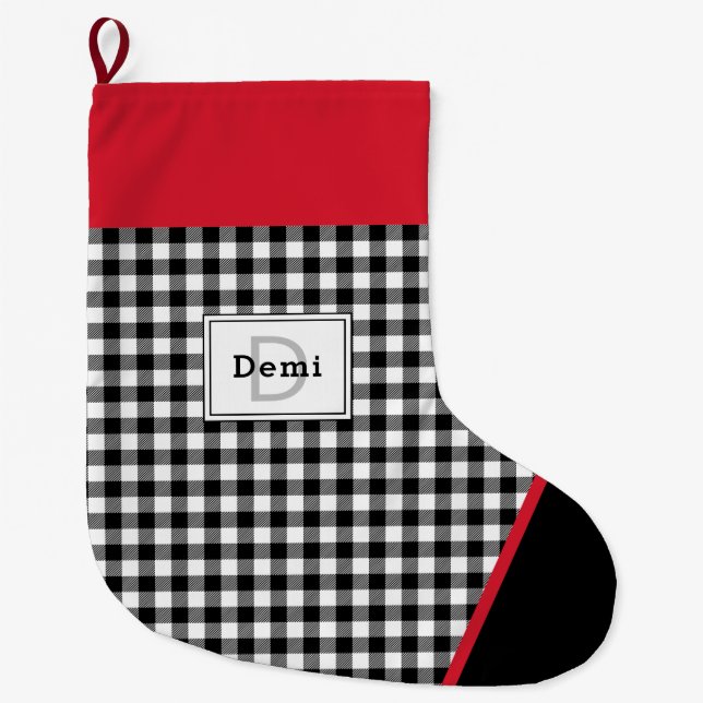 Black & White Plaid Toe Trim Monogram Large Christmas Stocking (Front)