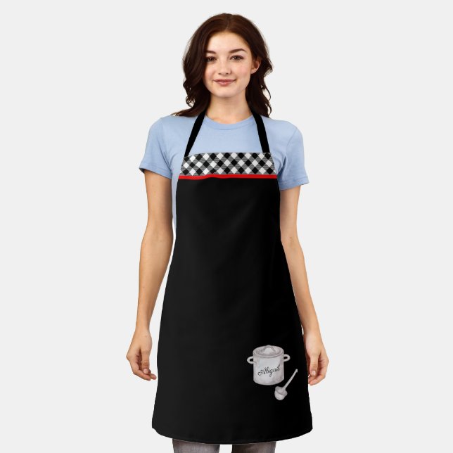 Black & White Plaid Trim Chef's Pot Personalised Apron (Worn)