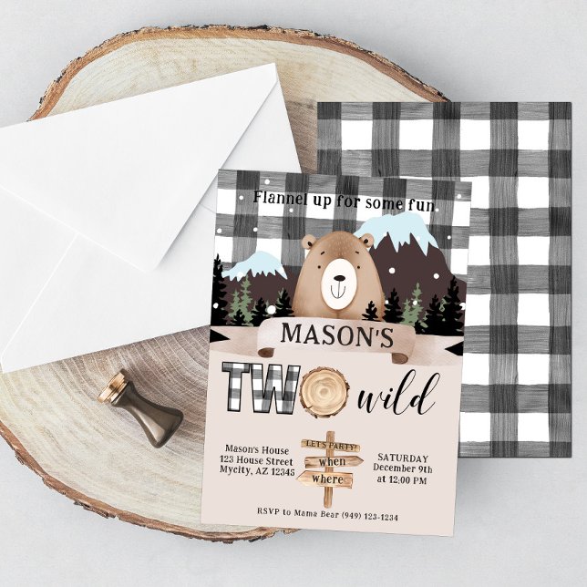 Black & White Plaid Two Wild Bear 2nd Birthday Invitation (Creator Uploaded)