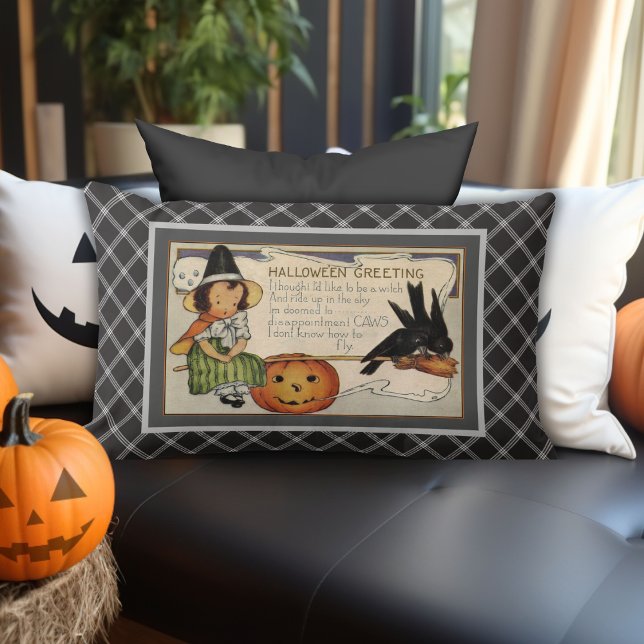 Black & White Plaid Vintage Halloween Greetings Lumbar Cushion (Black & White Plaid Vintage Halloween Greetings Lumbar Pillow)