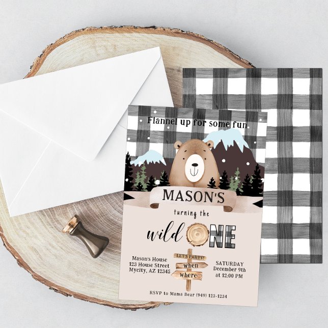 Black & White Plaid Wild One Bear 1st Birthday Invitation (Creator Uploaded)
