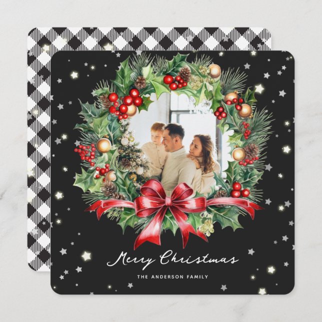Black White Plaid Wreath Photo Merry Christmas Holiday Card (Front/Back)