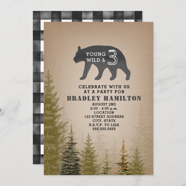 Black + White Plaid Young Wild & 3 Bear Birthday Invitation (Front/Back)