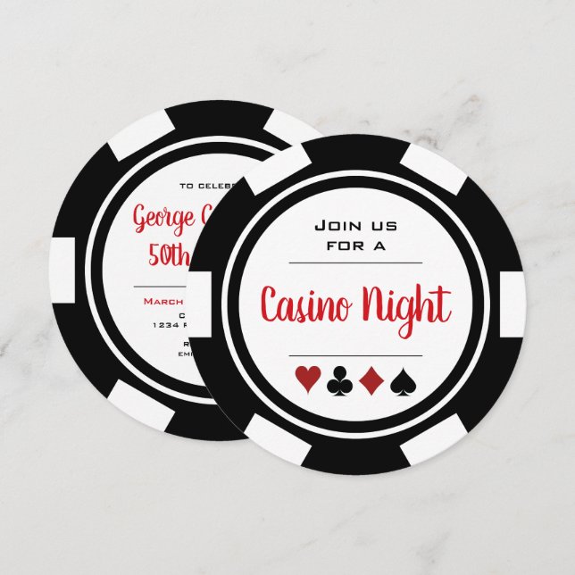 Black White Poker Chip Casino Night Birthday Invitation (Front/Back)