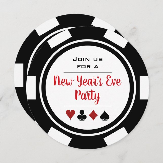 Black White Poker Chip Casino Night New Year's Eve Invitation (Front/Back)