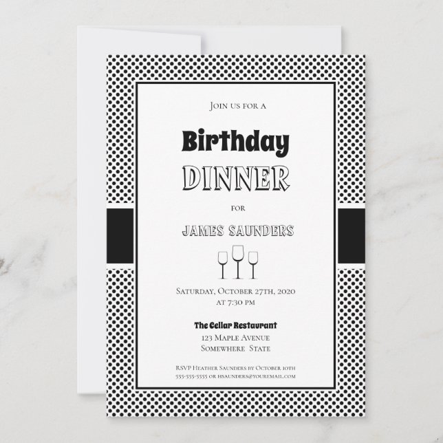 Black White Polka Dot Birthday Dinner Party Invitation (Front)