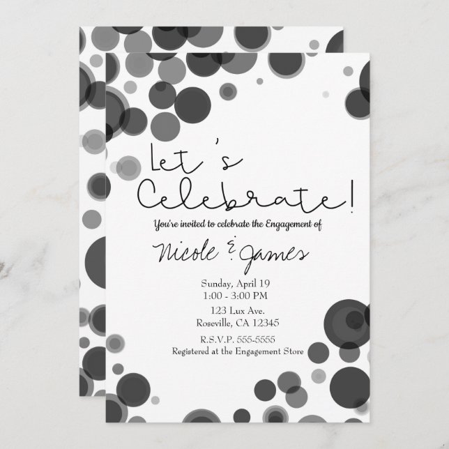 Black White Polka Dot Bubbles Let's Celebrate Invitation (Front/Back)