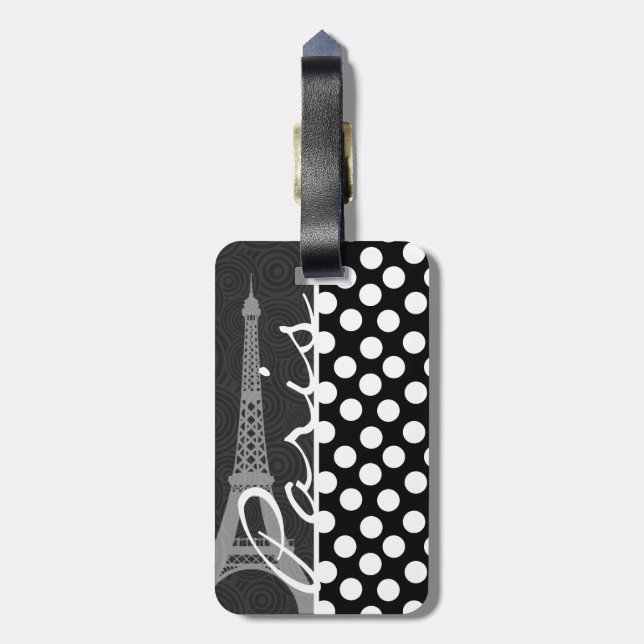 Black & White Polka Dot, Dots; Paris Luggage Tag (Back Vertical)