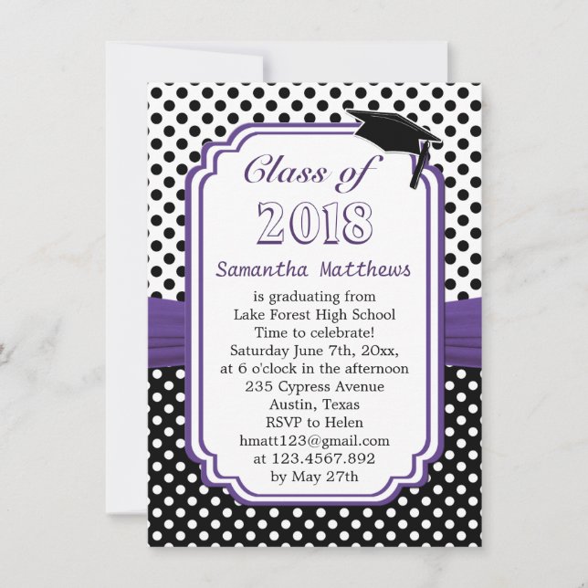 Black white polka dot, mortar cap Graduation Party Invitation (Front)