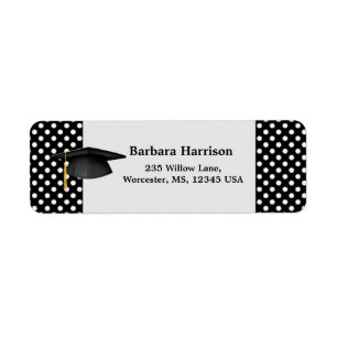 Black white polka dot, mortar Graduation Return Address Label