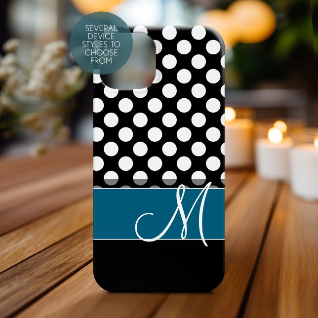 Black White Polka Dot Pattern Blue Monogram Case-Mate iPhone Case (Personalized Phone Case with Monogram)