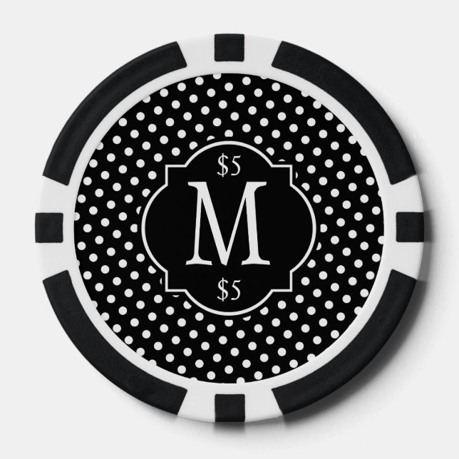 Black & White Polka Dot Pattern Monogram Poker Chips (Front)