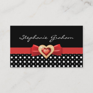 Black white polka dot pattern with red bow & jewel business card