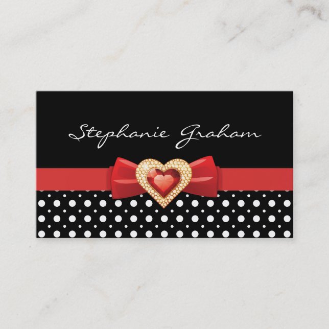 Black white polka dot pattern with red bow & jewel business card (Front)