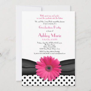 Black White Polka Dot Pink Daisy Graduation Invitation
