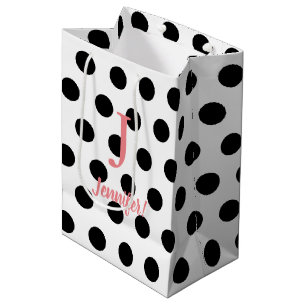 Black & White Polka Dot Pink Monogram Custom Name Medium Gift Bag
