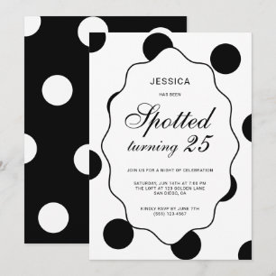 Black White Polka Dot Spotted 25th Birthday Party Invitation