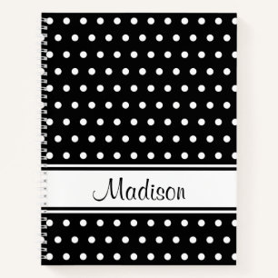 Black White Polka Dot Stripe Script Name Notebook
