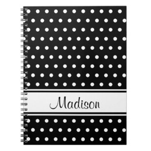 Black White Polka Dot Stripe Script Name Notebook