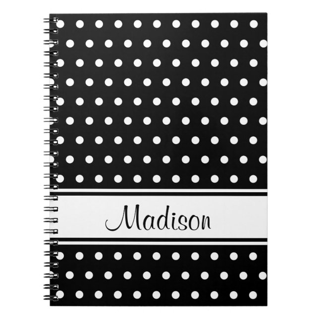 Black White Polka Dot Stripe Script Name Notebook (Front)