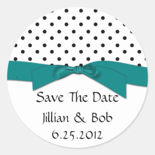 Black White Polka Dot Teal Ribbon Save The Date Classic Round Sticker