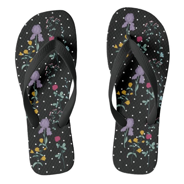 Black White Polka Dot Wild Flower Thongs (Footbed)