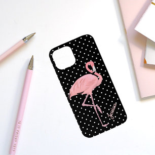 Black & White Polka Dot with Flamingo  iPhone 13 Mini Case