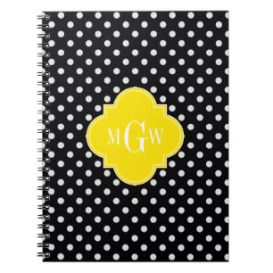 Black White Polka Dot Yellow Quatrefoil 3 Monogram Notebook