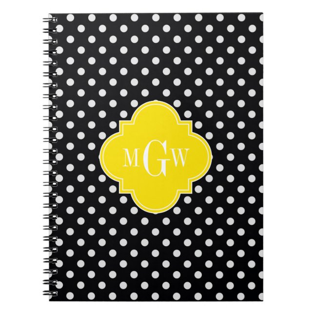 Black White Polka Dot Yellow Quatrefoil 3 Monogram Notebook (Front)