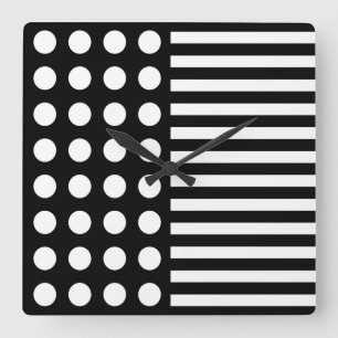 Black & White Polka Dots And Stripes Pattern Square Wall Clock