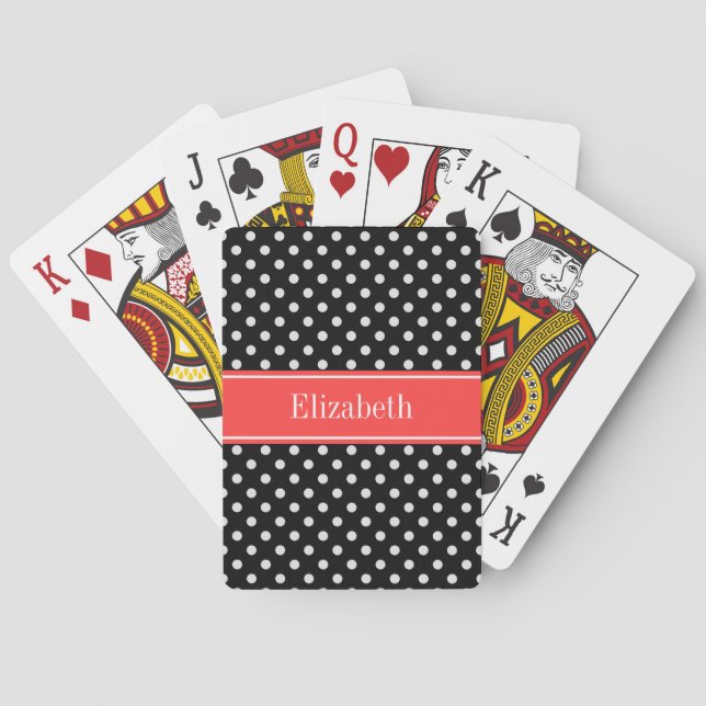 Black White Polka Dots Coral Red Name Monogram Playing Cards (Back)