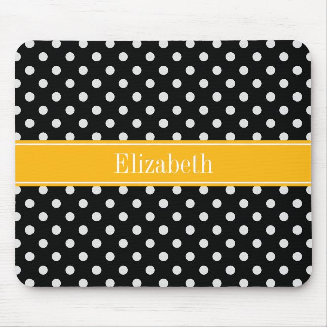Black White Polka Dots Goldenrod Name Monogram Mouse Pad (Front)