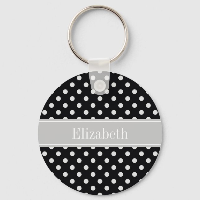 Black White Polka Dots Grey Name Monogram Key Ring (Front)