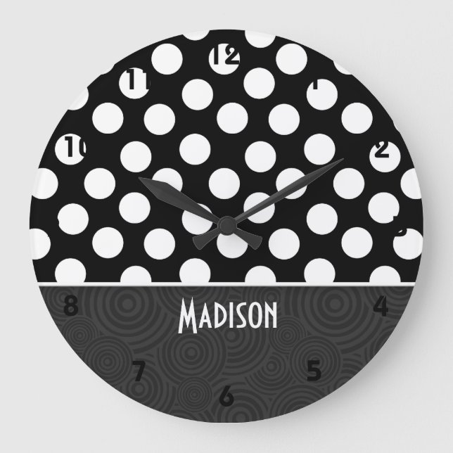 Black & White Polka Dots Large Clock (Front)